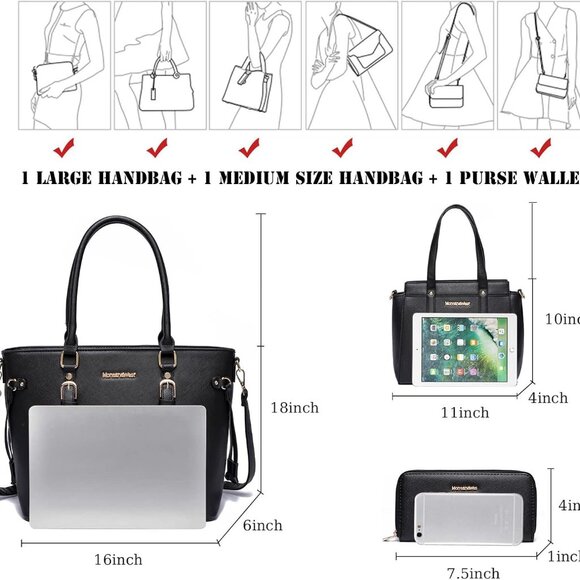Chic 3PCS Black Handbag Collection: Tote, Medium Purse & Wallet - Perfect Gift - Picture 6 of 6